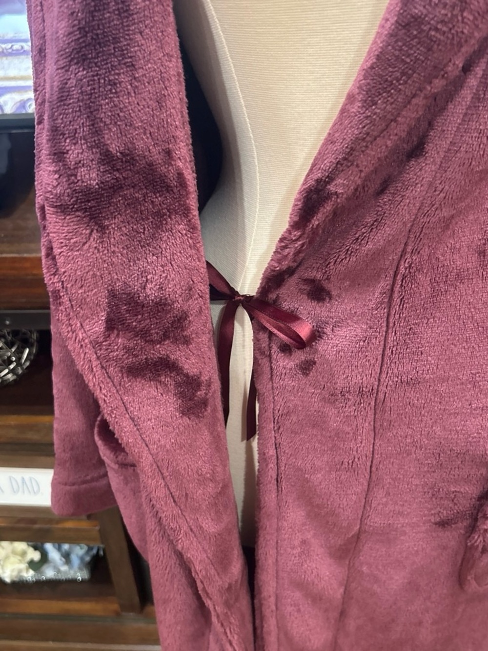 Cozy Long Plush Robe in Burgundy - Shawl Collar Lounge Wrap - Picture 4 of 8
